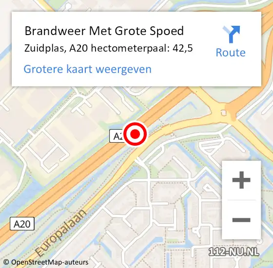 Locatie op kaart van de 112 melding: Brandweer Met Grote Spoed Naar Zuidplas, A20 hectometerpaal: 42,5 op 2 juni 2022 14:56