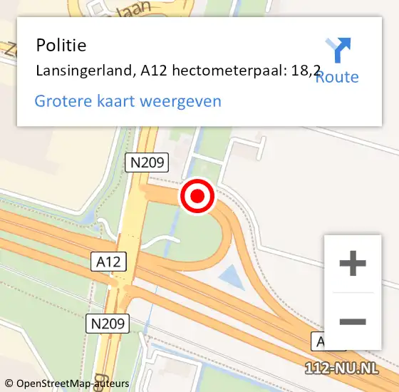 Locatie op kaart van de 112 melding: Politie Lansingerland, A12 hectometerpaal: 18,2 op 2 juni 2022 15:59