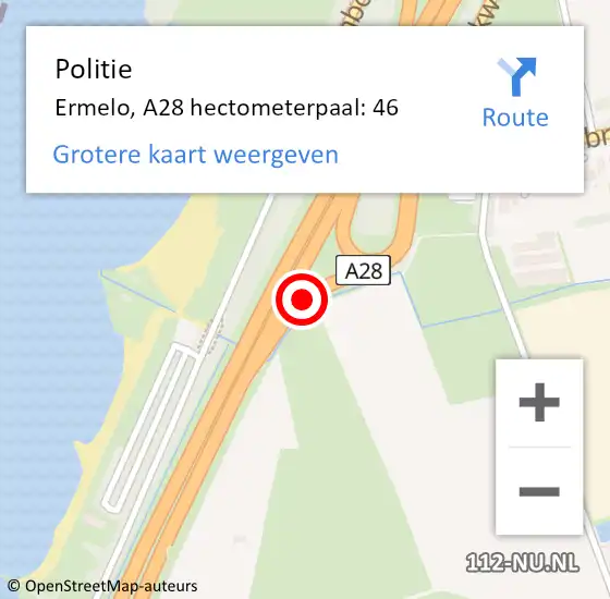 Locatie op kaart van de 112 melding: Politie Ermelo, A28 hectometerpaal: 46 op 2 juni 2022 16:01