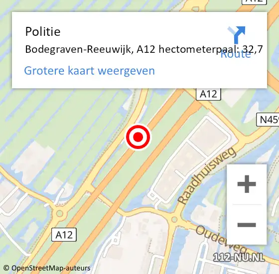 Locatie op kaart van de 112 melding: Politie Bodegraven-Reeuwijk, A12 hectometerpaal: 32,7 op 2 juni 2022 16:07