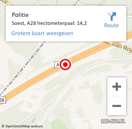 Locatie op kaart van de 112 melding: Politie Soest, A28 hectometerpaal: 14,2 op 2 juni 2022 16:22