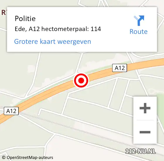 Locatie op kaart van de 112 melding: Politie Ede, A12 hectometerpaal: 114 op 2 juni 2022 16:50
