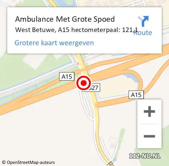 Locatie op kaart van de 112 melding: Ambulance Met Grote Spoed Naar West Betuwe, A15 hectometerpaal: 121,1 op 2 juni 2022 16:58