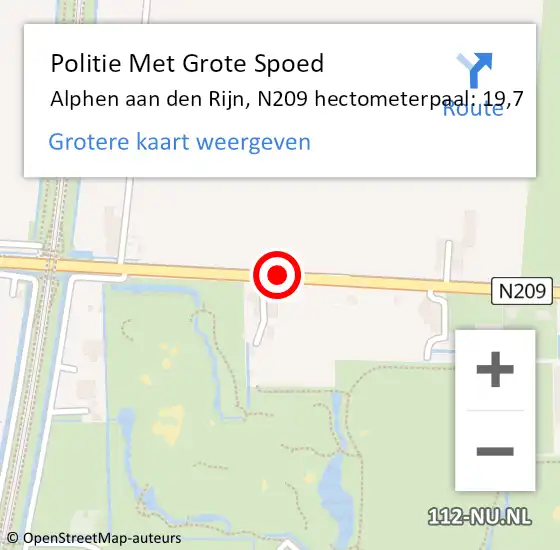 Locatie op kaart van de 112 melding: Politie Met Grote Spoed Naar Alphen aan den Rijn, N209 hectometerpaal: 19,7 op 2 juni 2022 17:13