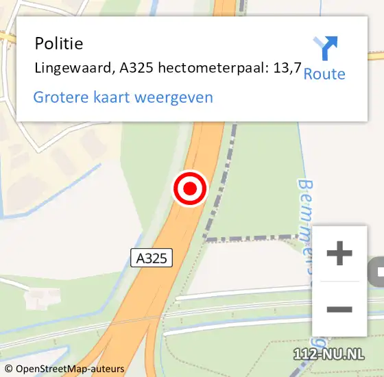 Locatie op kaart van de 112 melding: Politie Lingewaard, A325 hectometerpaal: 13,7 op 2 juni 2022 18:45