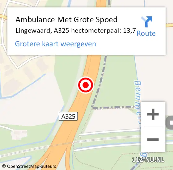 Locatie op kaart van de 112 melding: Ambulance Met Grote Spoed Naar Lingewaard, A325 hectometerpaal: 13,7 op 2 juni 2022 18:45