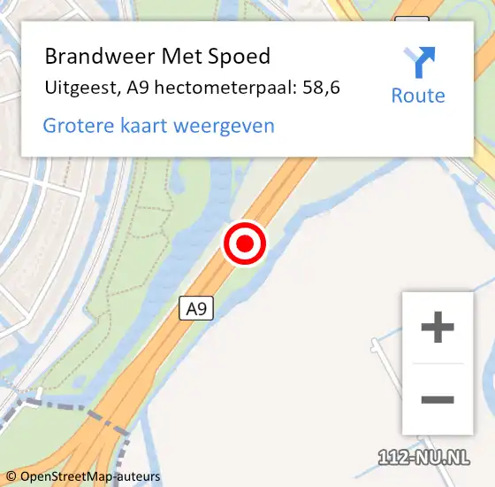 Locatie op kaart van de 112 melding: Brandweer Met Spoed Naar Uitgeest, A9 hectometerpaal: 58,6 op 2 juni 2022 21:35