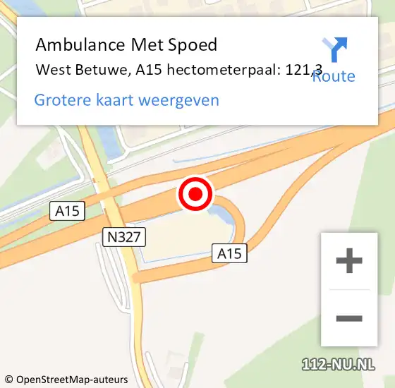 Locatie op kaart van de 112 melding: Ambulance Met Spoed Naar West Betuwe, A15 hectometerpaal: 121,3 op 3 juni 2022 03:59