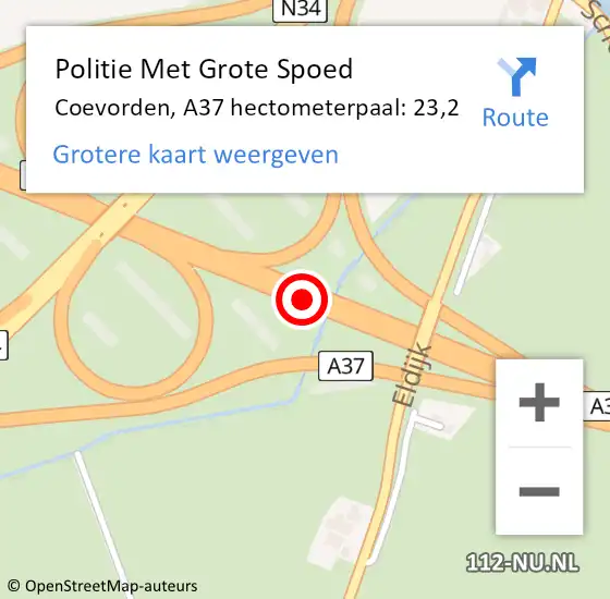 Locatie op kaart van de 112 melding: Politie Met Grote Spoed Naar Coevorden, A37 hectometerpaal: 23,2 op 3 juni 2022 04:31