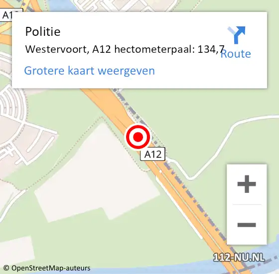 Locatie op kaart van de 112 melding: Politie Westervoort, A12 hectometerpaal: 134,7 op 3 juni 2022 07:25