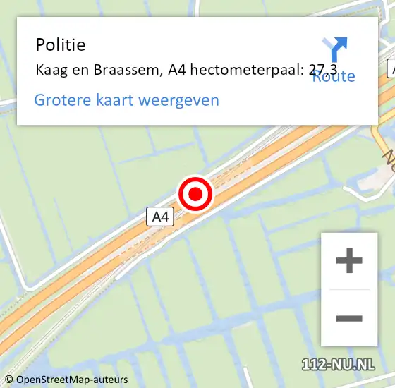 Locatie op kaart van de 112 melding: Politie Kaag en Braassem, A4 hectometerpaal: 27,3 op 3 juni 2022 09:02