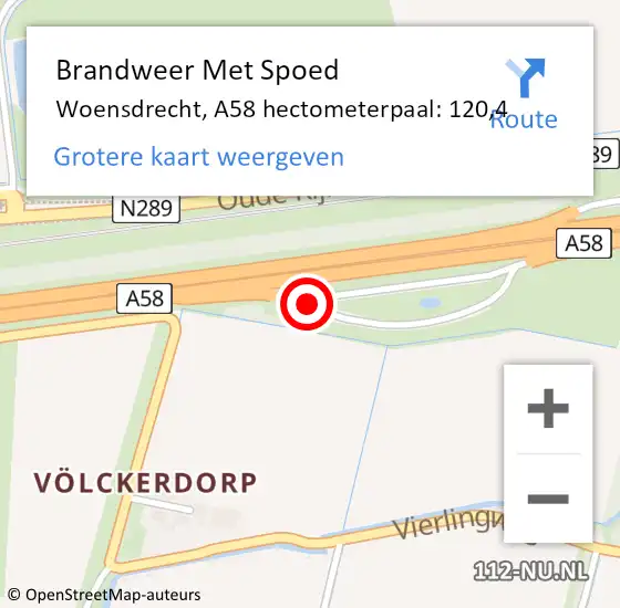 Locatie op kaart van de 112 melding: Brandweer Met Spoed Naar Woensdrecht, A58 hectometerpaal: 120,4 op 3 juni 2022 11:00