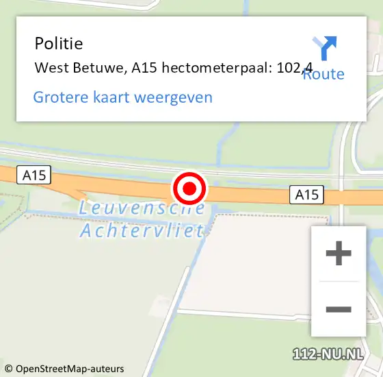 Locatie op kaart van de 112 melding: Politie West Betuwe, A15 hectometerpaal: 102,4 op 3 juni 2022 11:05