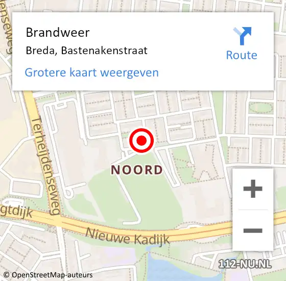 Locatie op kaart van de 112 melding: Brandweer Breda, Bastenakenstraat op 3 juni 2022 11:45