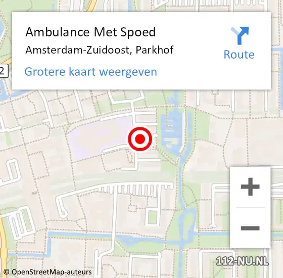 Locatie op kaart van de 112 melding: Ambulance Met Spoed Naar Amsterdam-Zuidoost, Parkhof op 3 juni 2022 11:56