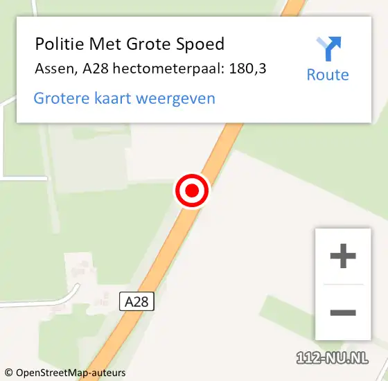 Locatie op kaart van de 112 melding: Politie Met Grote Spoed Naar Assen, A28 hectometerpaal: 180,3 op 3 juni 2022 12:38