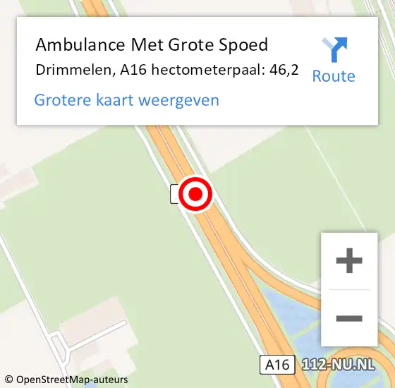 Locatie op kaart van de 112 melding: Ambulance Met Grote Spoed Naar Drimmelen, A16 hectometerpaal: 46,2 op 3 juni 2022 13:20