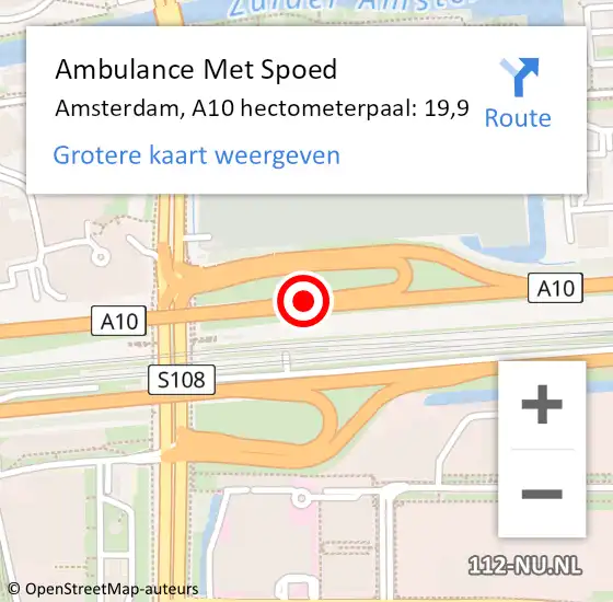 Locatie op kaart van de 112 melding: Ambulance Met Spoed Naar Amsterdam, A10 hectometerpaal: 19,9 op 3 juni 2022 13:41