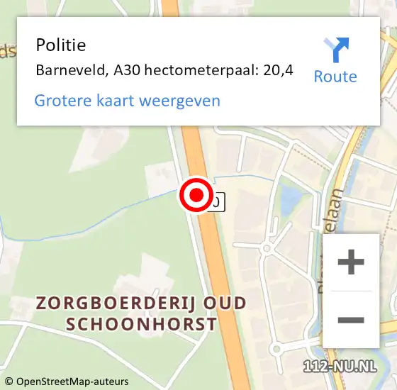 Locatie op kaart van de 112 melding: Politie Barneveld, A30 hectometerpaal: 20,4 op 3 juni 2022 13:51
