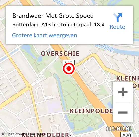 Locatie op kaart van de 112 melding: Brandweer Met Grote Spoed Naar Rotterdam, A13 hectometerpaal: 18,4 op 3 juni 2022 14:23