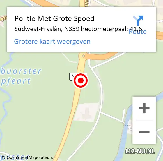 Locatie op kaart van de 112 melding: Politie Met Grote Spoed Naar Súdwest-Fryslân, N359 hectometerpaal: 41,6 op 3 juni 2022 14:25