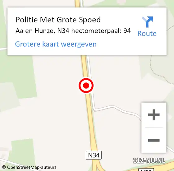Locatie op kaart van de 112 melding: Politie Met Grote Spoed Naar Aa en Hunze, N34 hectometerpaal: 94 op 3 juni 2022 15:21