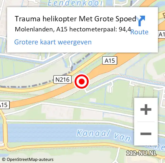 Locatie op kaart van de 112 melding: Trauma helikopter Met Grote Spoed Naar Molenlanden, A15 hectometerpaal: 94,4 op 3 juni 2022 15:27