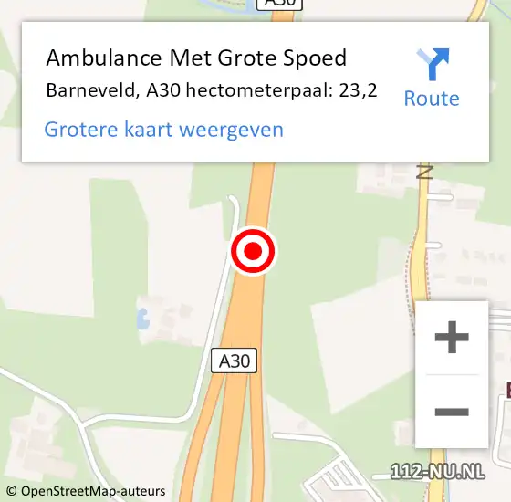 Locatie op kaart van de 112 melding: Ambulance Met Grote Spoed Naar Barneveld, A30 hectometerpaal: 23,2 op 3 juni 2022 16:00