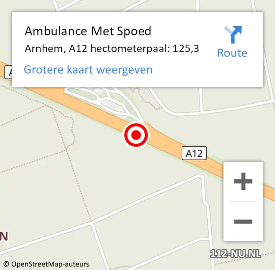 Locatie op kaart van de 112 melding: Ambulance Met Spoed Naar Arnhem, A12 hectometerpaal: 125,3 op 3 juni 2022 16:08
