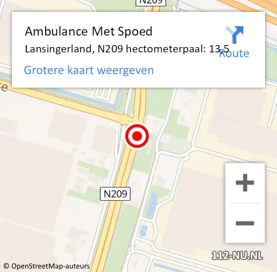 Locatie op kaart van de 112 melding: Ambulance Met Spoed Naar Lansingerland, N209 hectometerpaal: 13,5 op 3 juni 2022 16:49