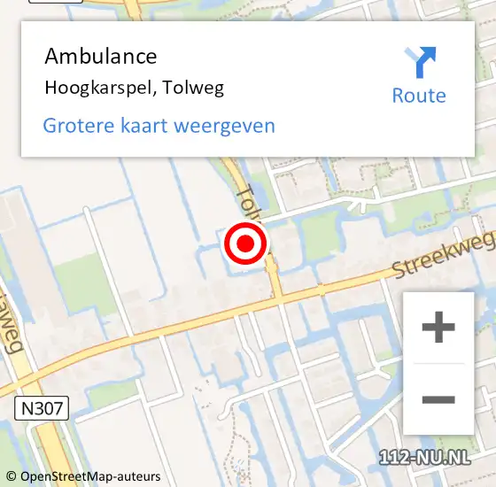 Locatie op kaart van de 112 melding: Ambulance Hoogkarspel, Tolweg op 3 juni 2022 17:05