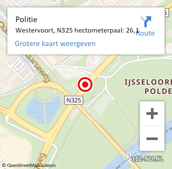 Locatie op kaart van de 112 melding: Politie Westervoort, N325 hectometerpaal: 26,1 op 3 juni 2022 17:11