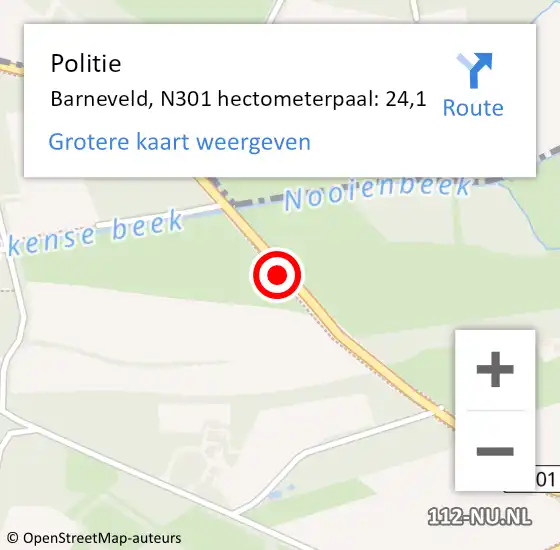 Locatie op kaart van de 112 melding: Politie Barneveld, N301 hectometerpaal: 24,1 op 3 juni 2022 18:28