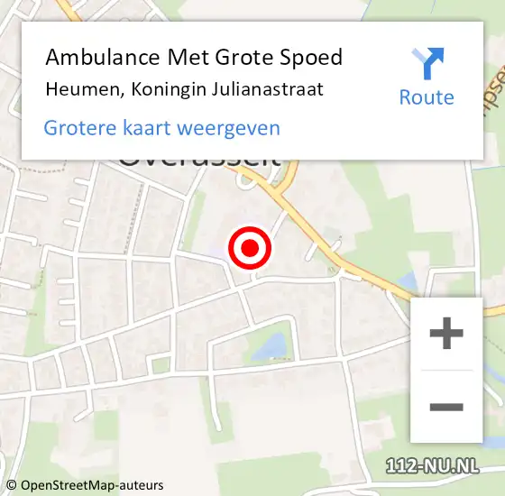 Locatie op kaart van de 112 melding: Ambulance Met Grote Spoed Naar Heumen, Koningin Julianastraat op 3 juni 2022 20:08