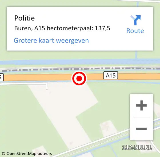 Locatie op kaart van de 112 melding: Politie Buren, A15 hectometerpaal: 137,5 op 3 juni 2022 21:18