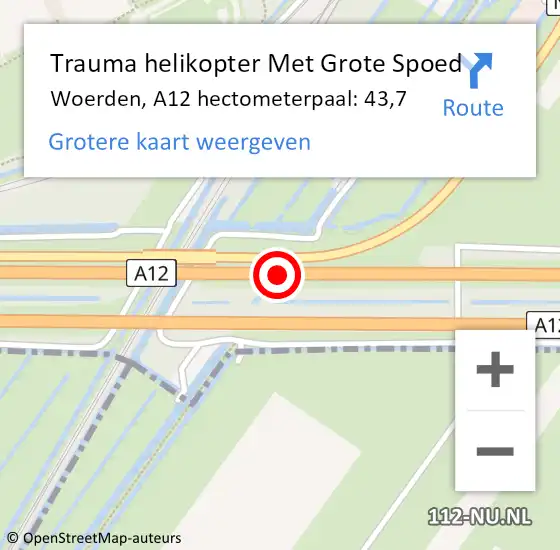 Locatie op kaart van de 112 melding: Trauma helikopter Met Grote Spoed Naar Woerden, A12 hectometerpaal: 43,7 op 4 juni 2022 02:44