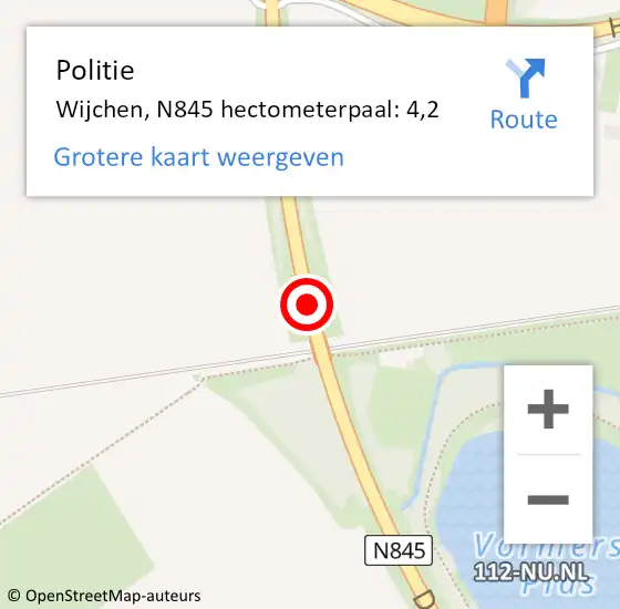 Locatie op kaart van de 112 melding: Politie Wijchen, N845 hectometerpaal: 4,2 op 4 juni 2022 10:27