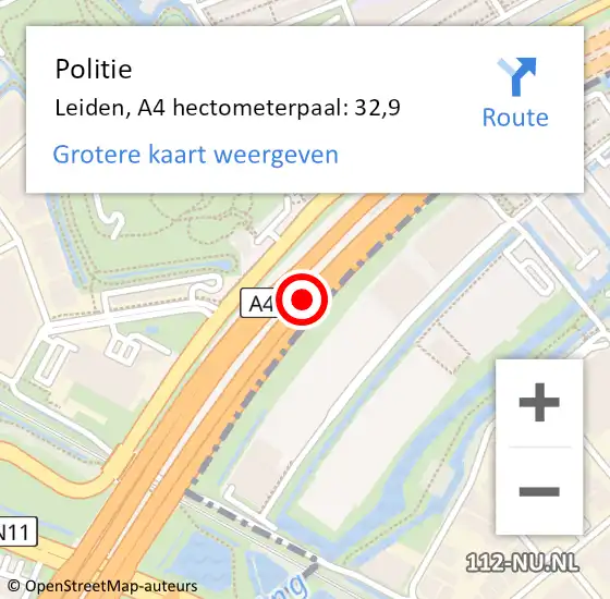 Locatie op kaart van de 112 melding: Politie Zoeterwoude, A4 hectometerpaal: 32,9 op 4 juni 2022 10:59