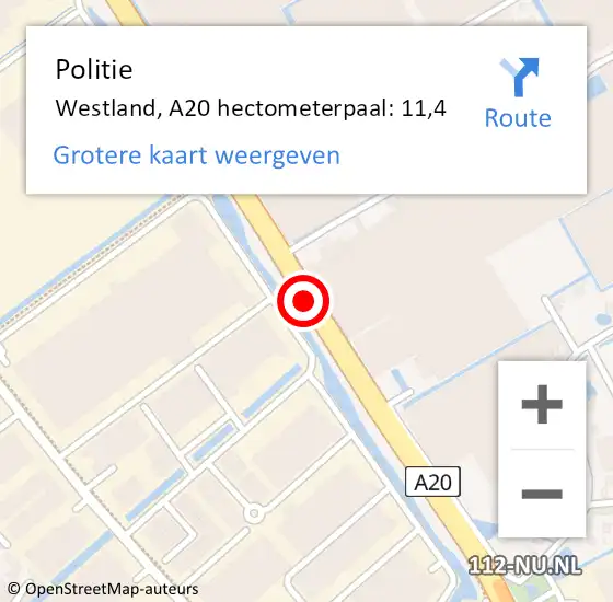 Locatie op kaart van de 112 melding: Politie Westland, A20 hectometerpaal: 11,4 op 4 juni 2022 16:05