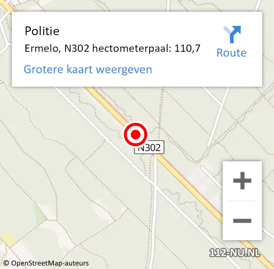 Locatie op kaart van de 112 melding: Politie Ermelo, N302 hectometerpaal: 110,7 op 4 juni 2022 17:14