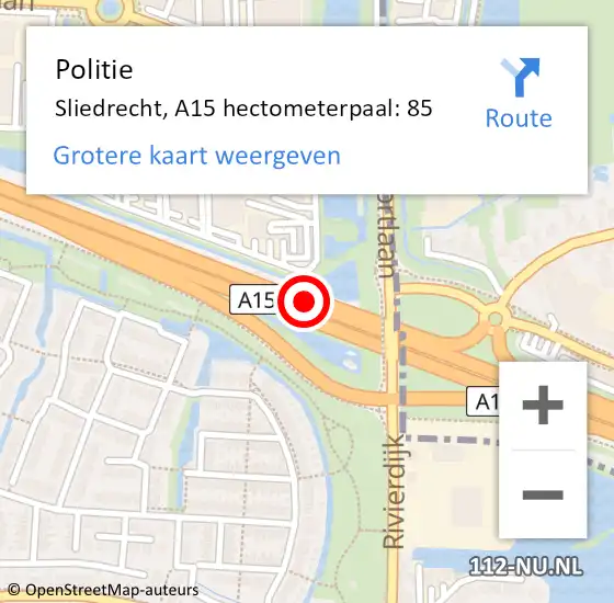 Locatie op kaart van de 112 melding: Politie Hardinxveld-Giessendam, A15 hectometerpaal: 85 op 4 juni 2022 18:00