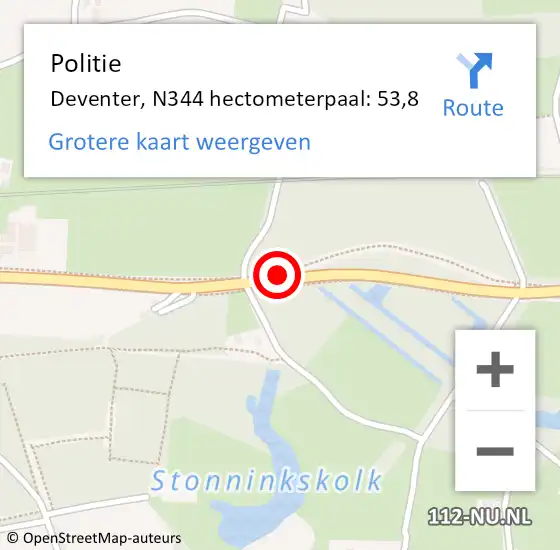 Locatie op kaart van de 112 melding: Politie Deventer, N344 hectometerpaal: 53,8 op 4 juni 2022 19:14