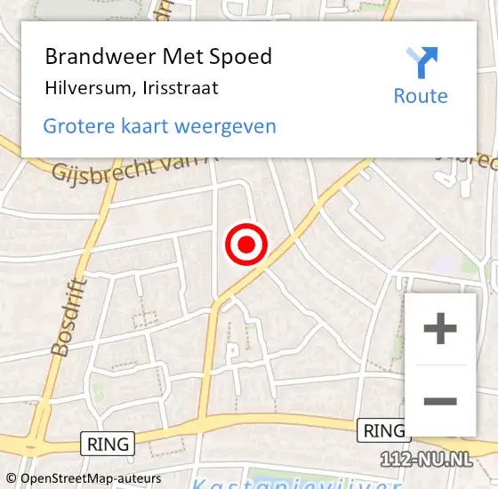 Locatie op kaart van de 112 melding: Brandweer Met Spoed Naar Hilversum, Irisstraat op 4 juni 2022 19:43