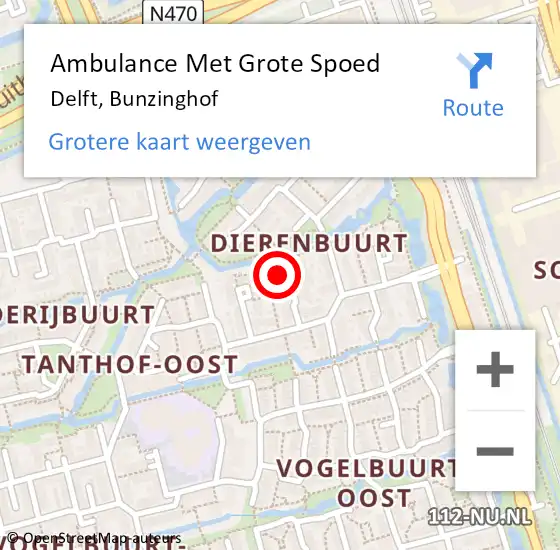 Locatie op kaart van de 112 melding: Ambulance Met Grote Spoed Naar Delft, Bunzinghof op 4 juni 2022 22:41