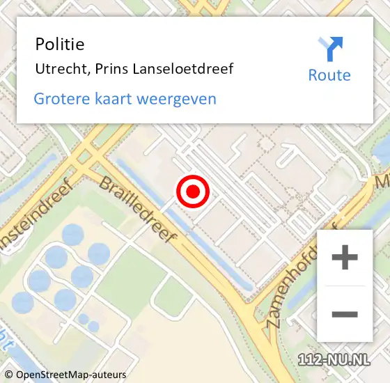 Locatie op kaart van de 112 melding: Politie Utrecht, Prins Lanseloetdreef op 4 juni 2022 23:26