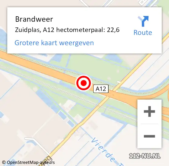 Locatie op kaart van de 112 melding: Brandweer Zuidplas, A12 hectometerpaal: 22,6 op 5 juni 2022 00:22