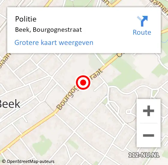 Locatie op kaart van de 112 melding: Politie Beek, Bourgognestraat op 5 juni 2022 03:47