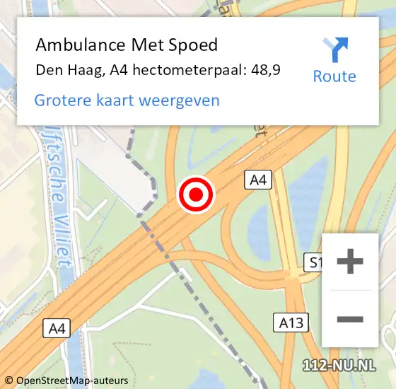 Locatie op kaart van de 112 melding: Ambulance Met Spoed Naar Den Haag, A4 hectometerpaal: 48,9 op 5 juni 2022 04:02