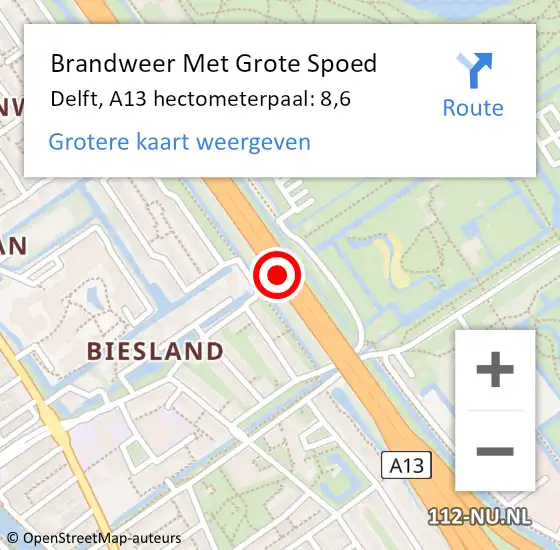 Locatie op kaart van de 112 melding: Brandweer Met Grote Spoed Naar Delft, A13 hectometerpaal: 8,6 op 5 juni 2022 06:09