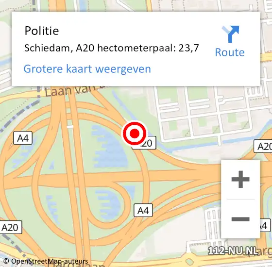 Locatie op kaart van de 112 melding: Politie Schiedam, A20 hectometerpaal: 23,7 op 5 juni 2022 06:55
